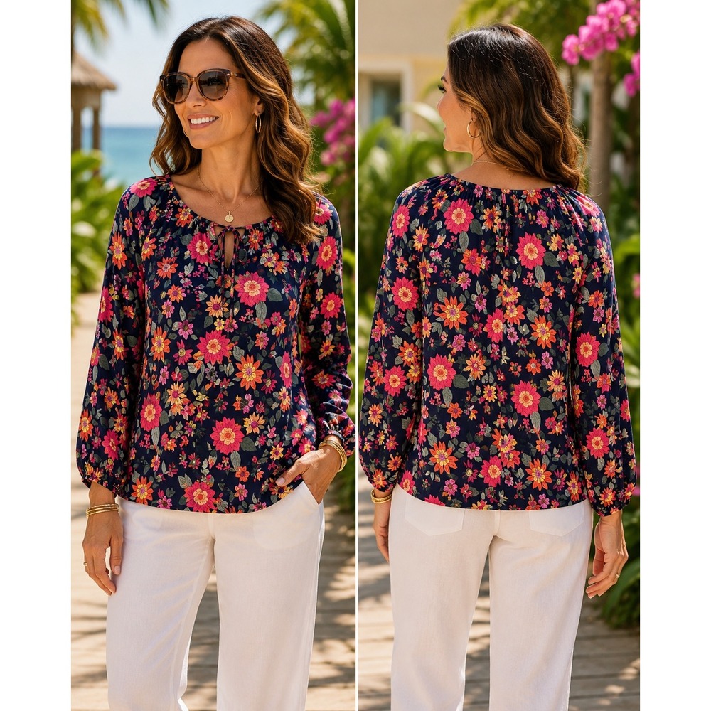 St. John's Bay Blouse Womens Large Navy Floral Tie Neck Long Sleeve Cotton Rayon